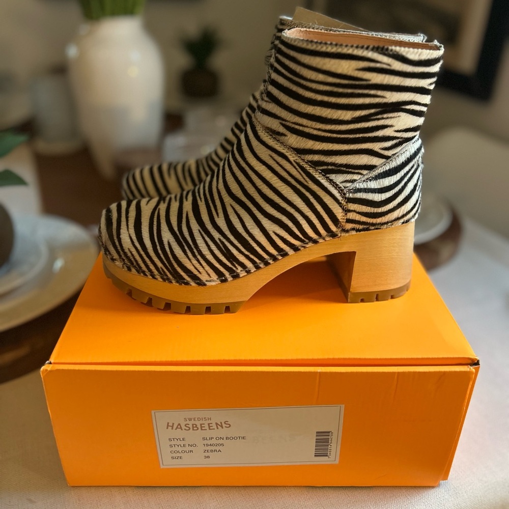Swedish Hasbeens Black and White Heeled Boots with Zebra Pattern